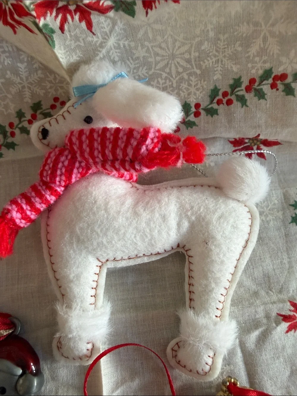 Xmas  Dog Photo Ornament & White Plush poodle - picture frames Xmas hanky vinta